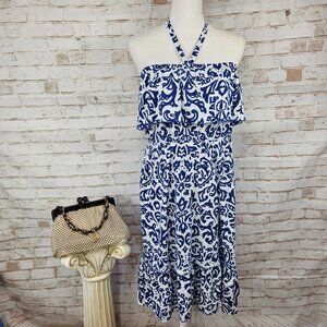 NWT Old Navy Size L Blue/White Floral Print Knit Ruffle Halter Dress Sleeveless
